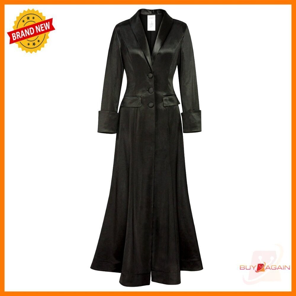 Satin Maxi Coat Elegant Chic Long Sleeve Button Front Knit Fabric